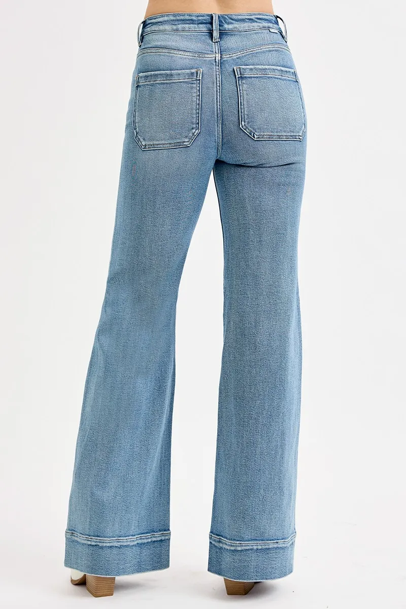 RISEN Full Size High Rise Wide Flare Patch Pocket Jeans Plus Size