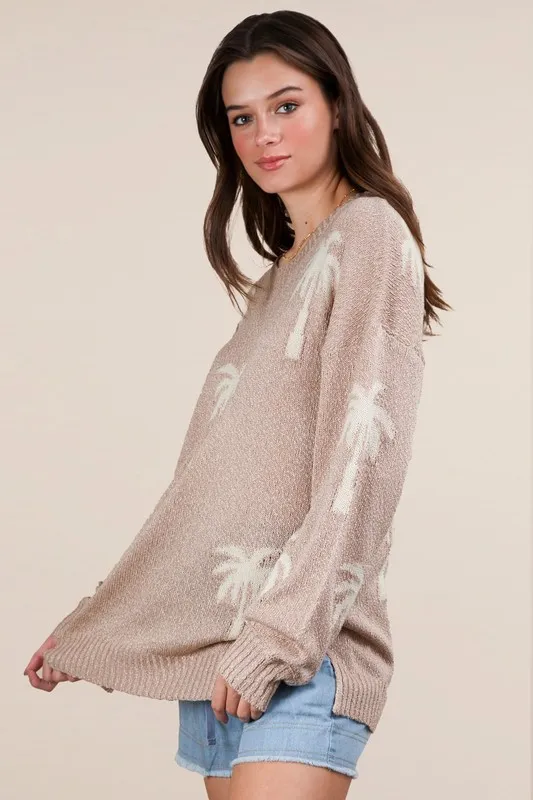 VERY J Palm Tree Graphic Oversized Knit Sweater