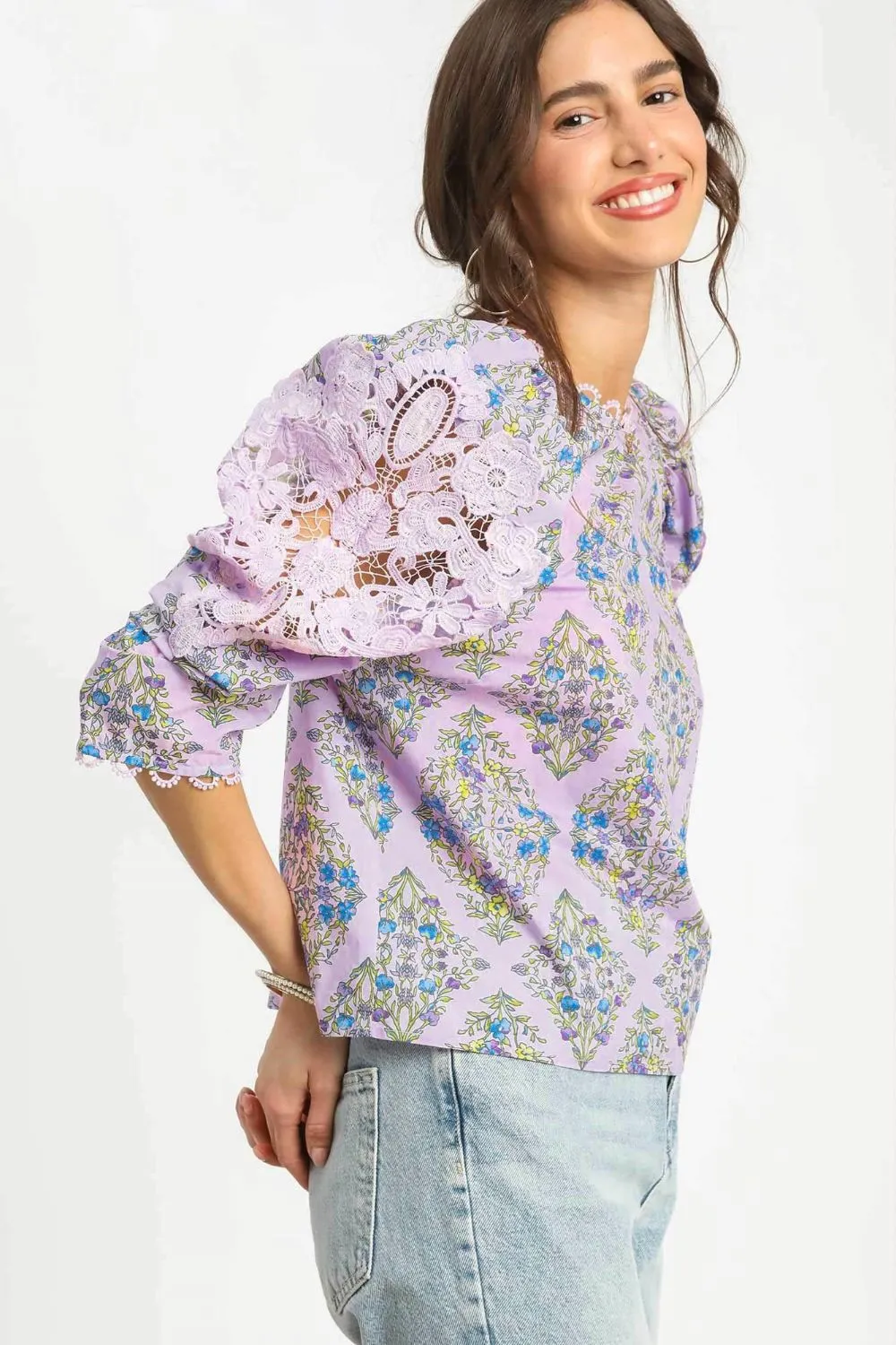 Umgee Printed Lace Puff Sleeve Blouse