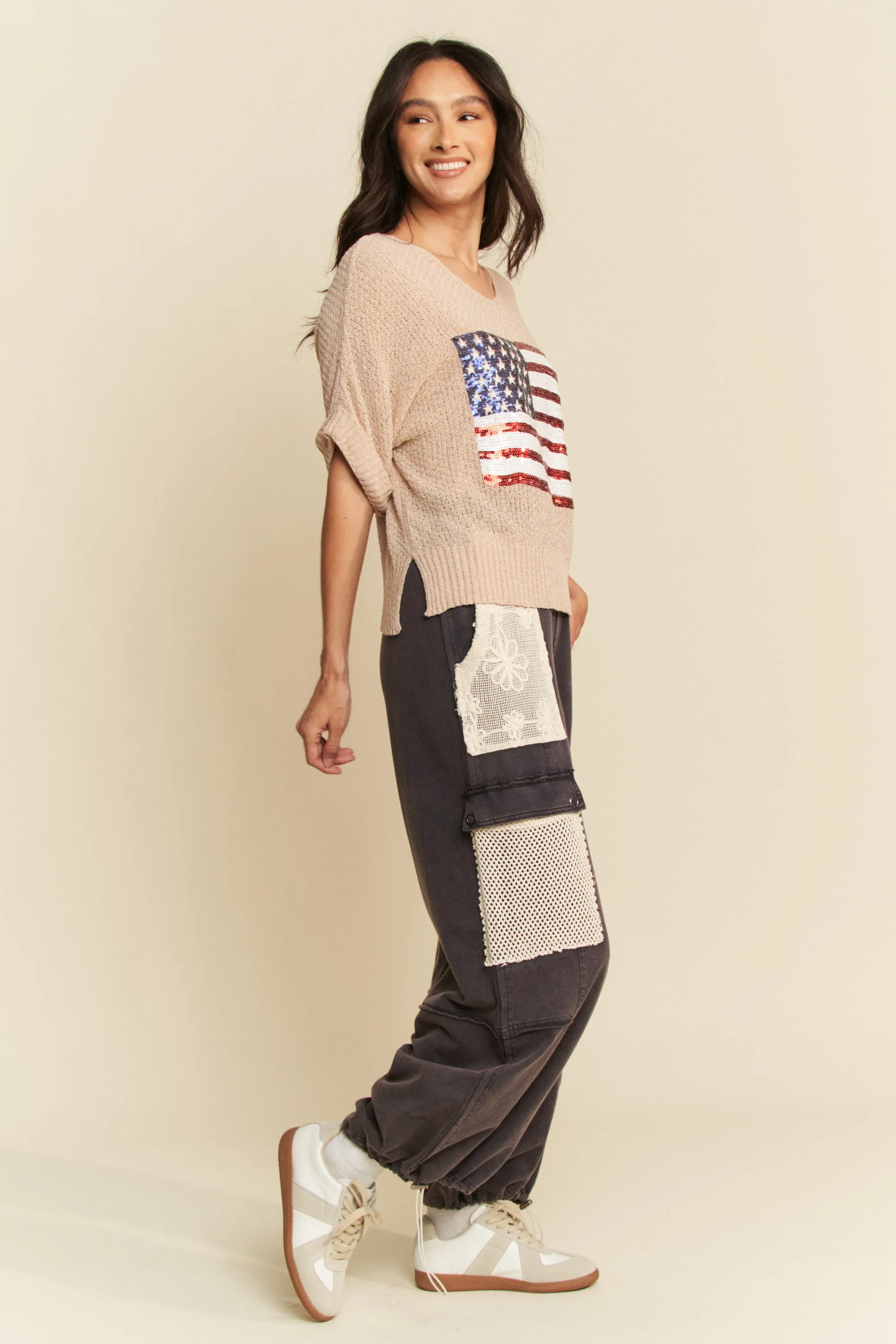 Davi & Dani Sequin American Flag Patch Short Sleeve Knit Top