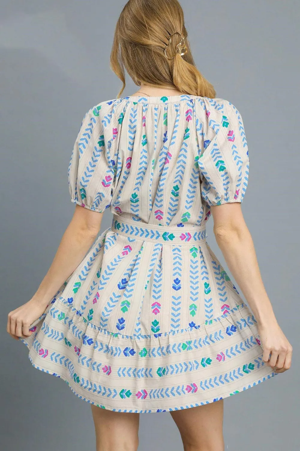 Umgee Printed Tie Waist Puff Short Sleeve Mini Dress