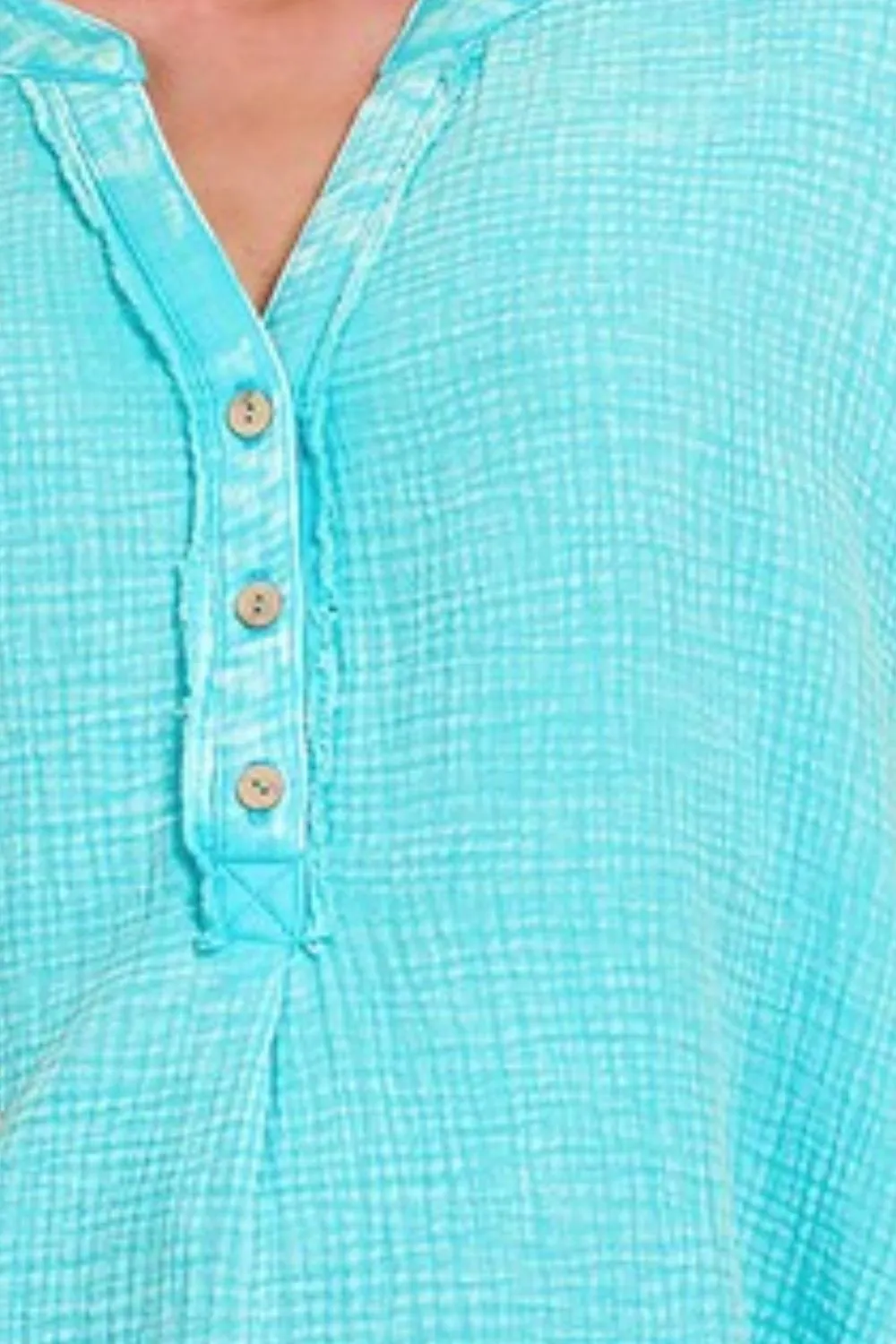 Zenana Washed Double Gauze 3/4 Button Henley Neck Shirt