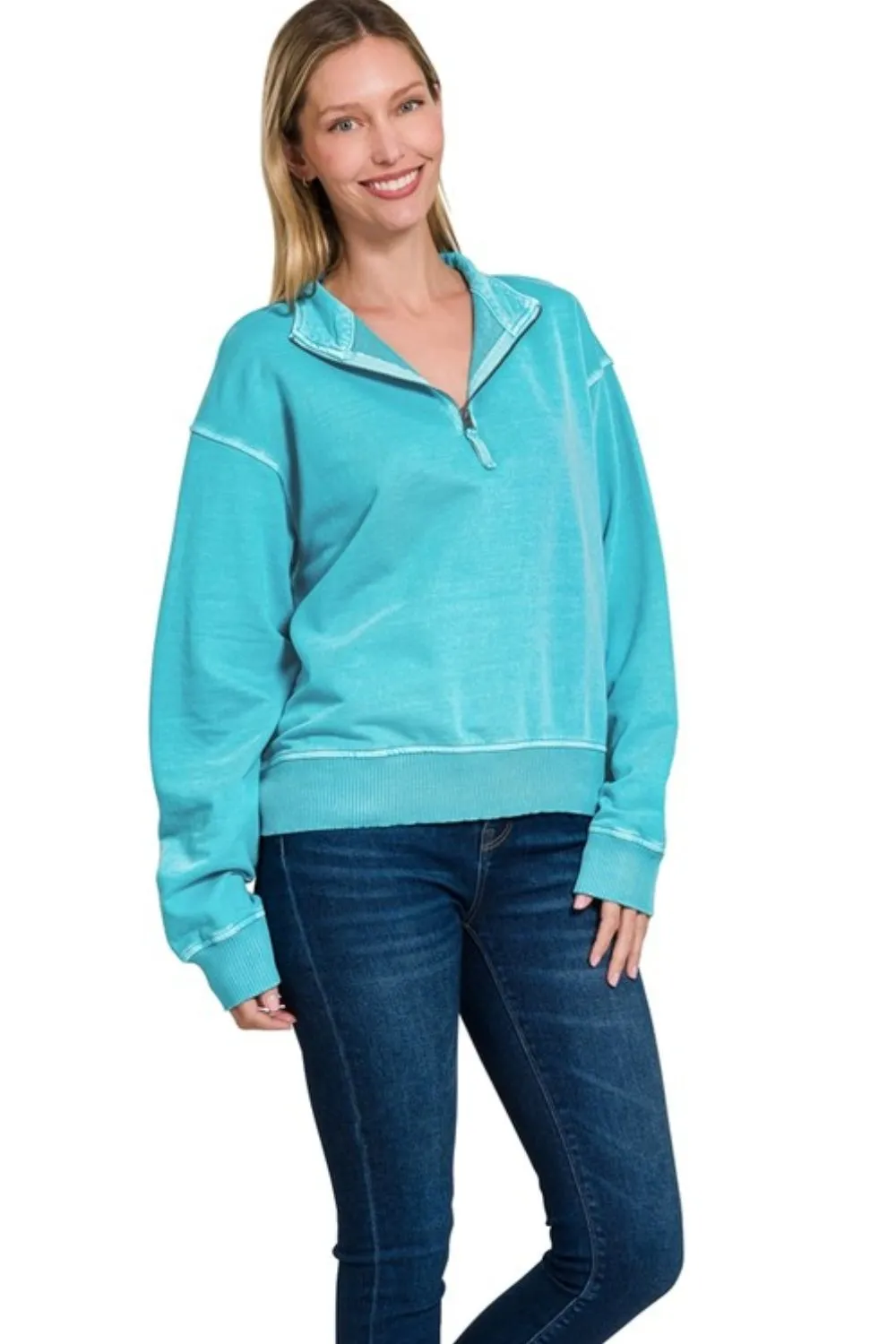 Zenana F/terry Pigment Dye & Enzyme Washing Half Zip Top