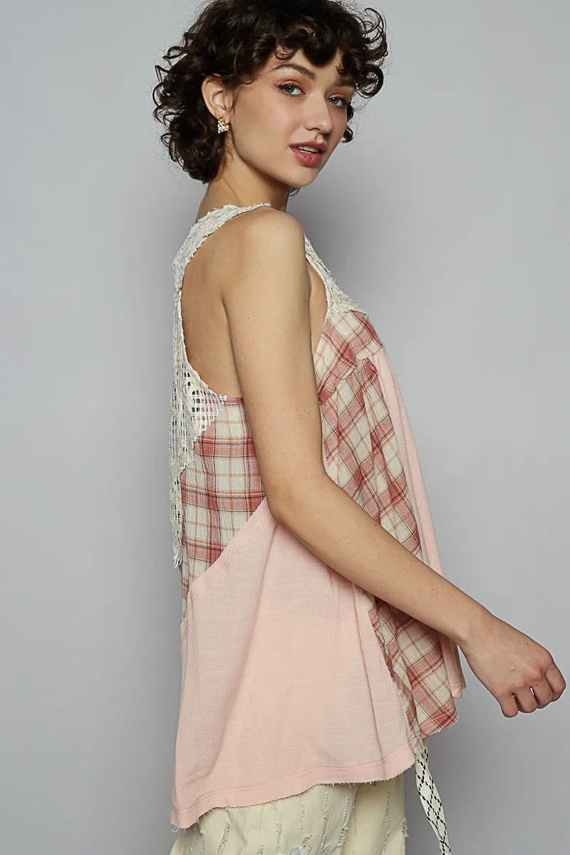 POL Crochet Lace Plaid Panel Detail Tank