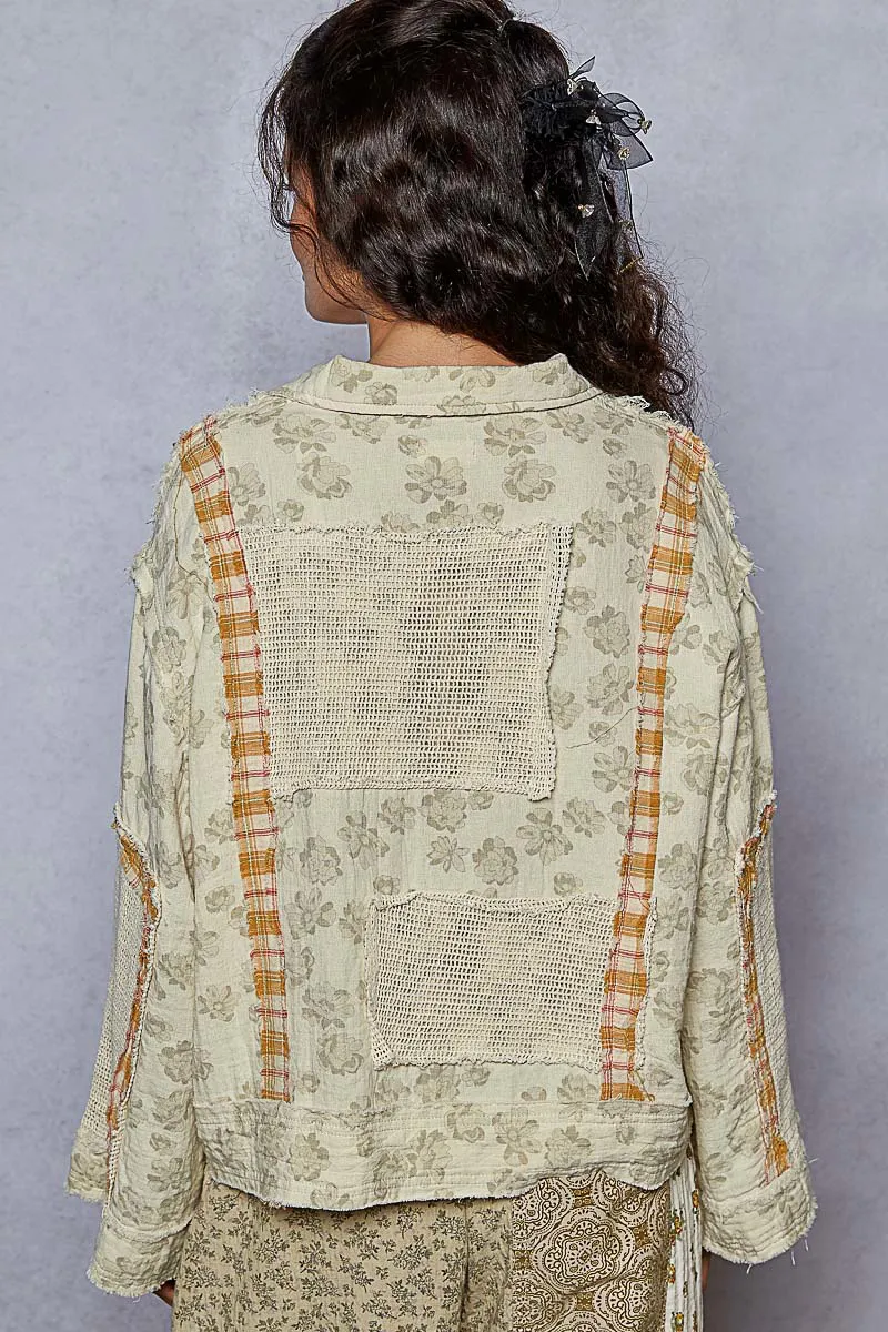 POL Raw Hem Zip Up Floral Jacket with Plaid and Crochet Patch