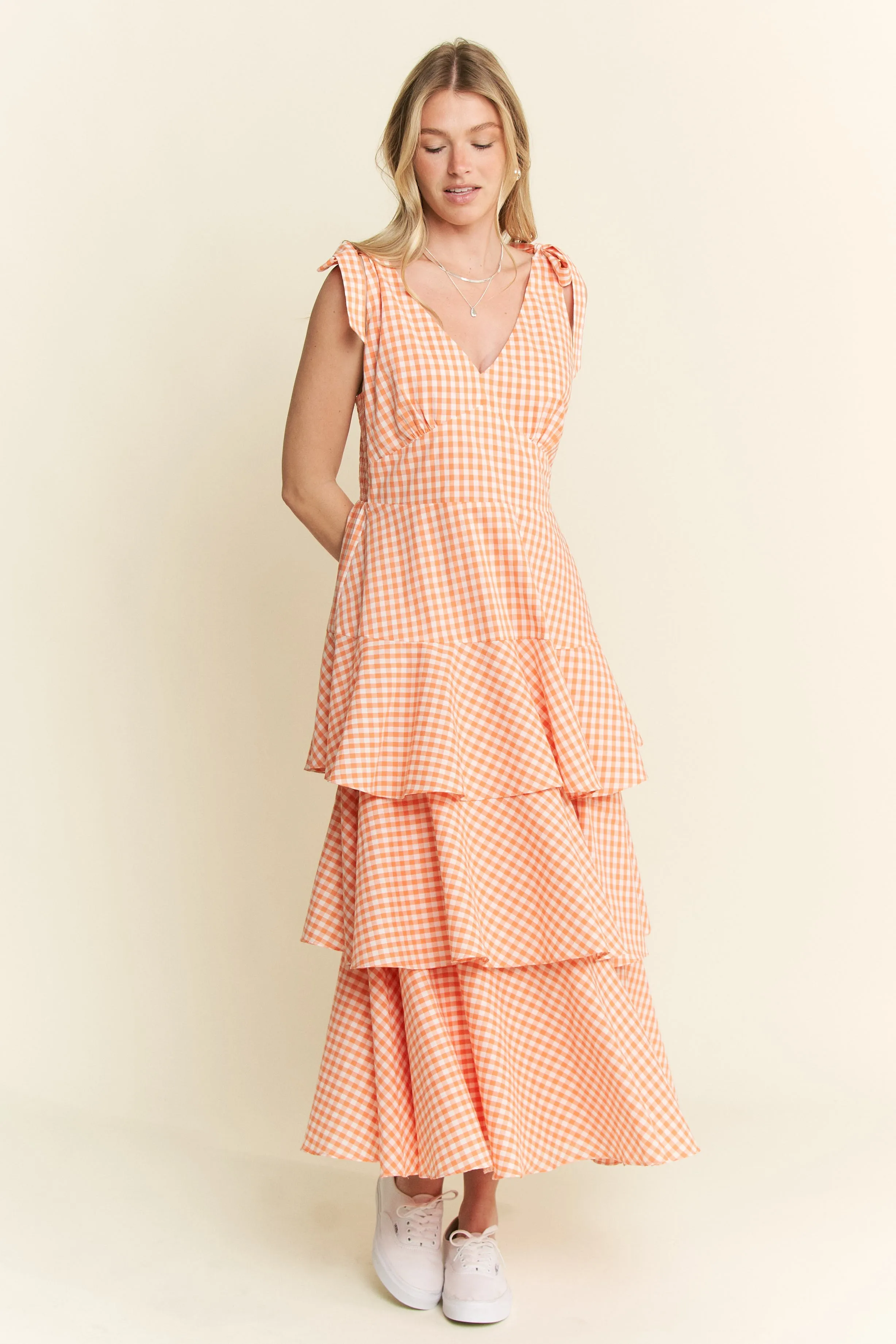 Jade By Jane Sleeveless Gingham Print Tiered Midi Dress