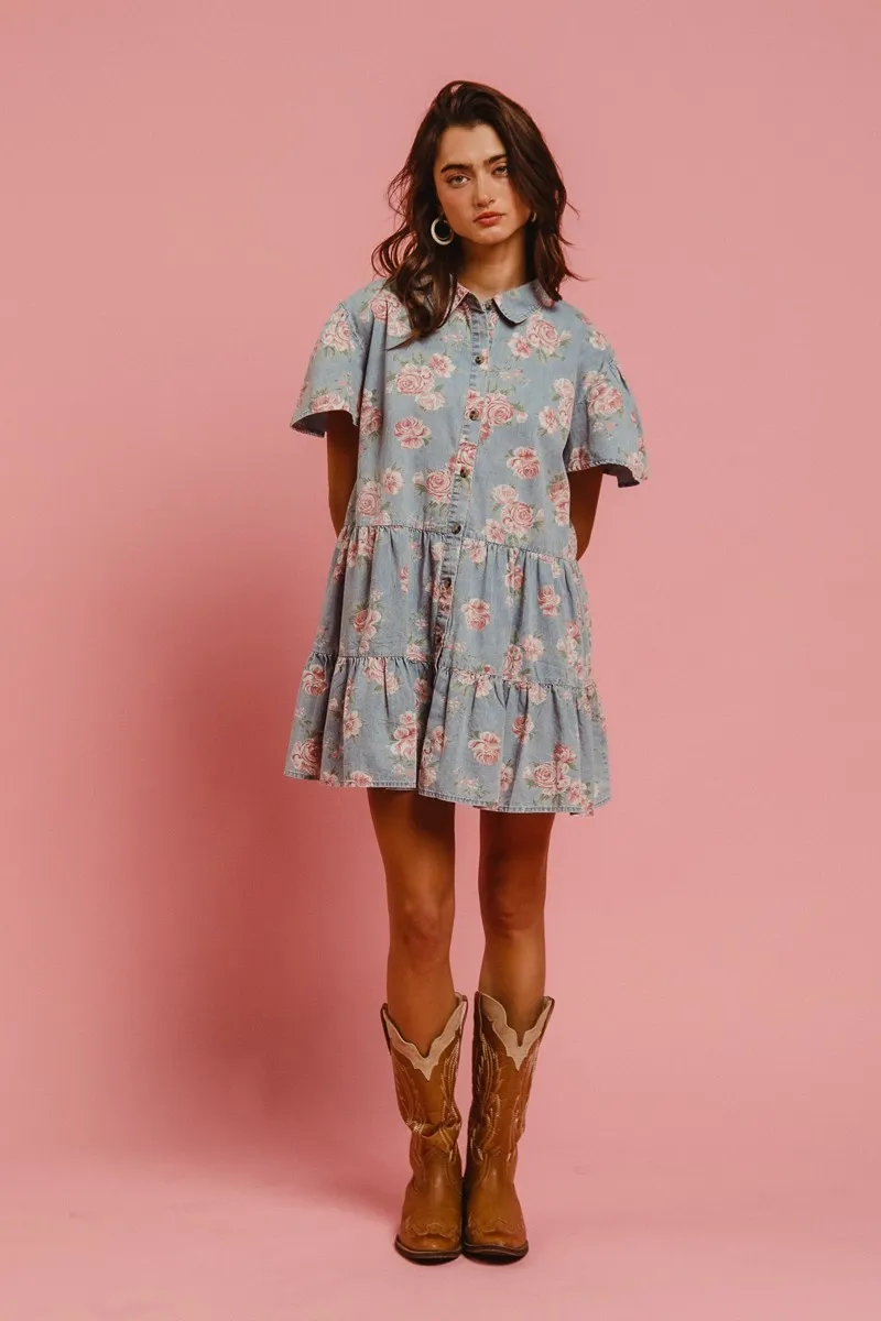 BiBi Floral Print Washed Lightweight Tiered Shirt Dress