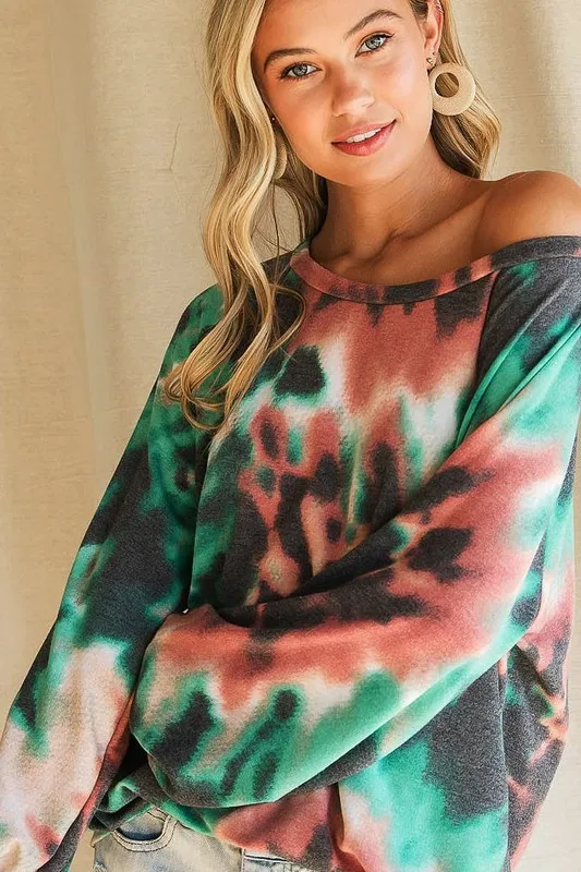 BiBi Tie Dye Print Terry Top with Puff Sleeves