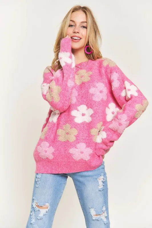 ADORA Full Size Floral Popped 2-Tone Sweater Top Plus Size