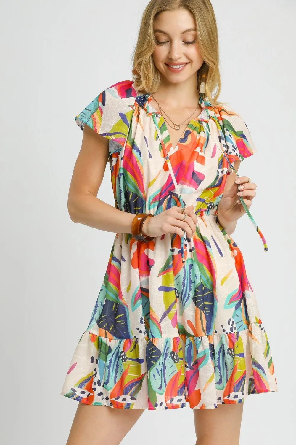 Umgee Printed Tie Neck Ruffled Hem Dress
