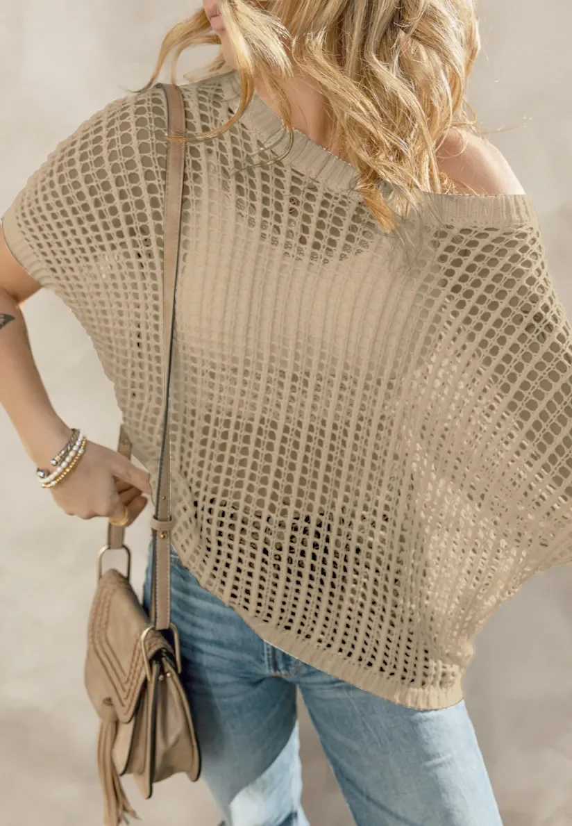 Openwork Round Neck Half Sleeve Knit Cover Up