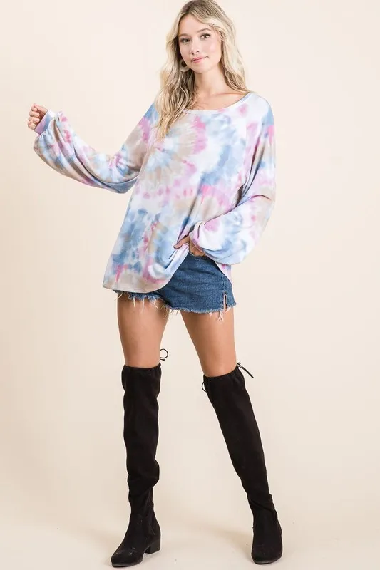 BiBi Tie Dye Print Terry Top With Puff Sleeves
