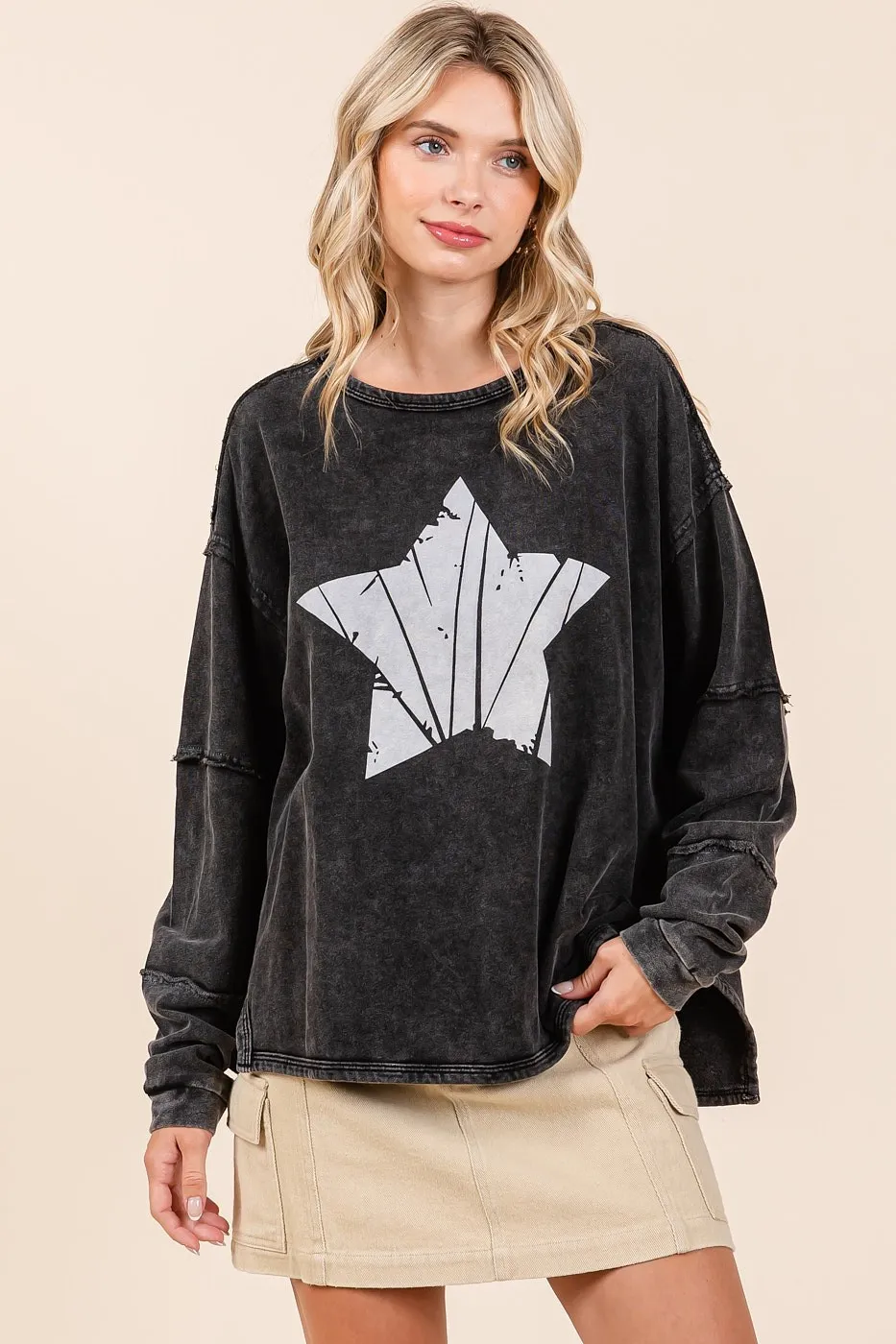 Mittoshop Star Graphic Mineral Wash Long Sleeve Top