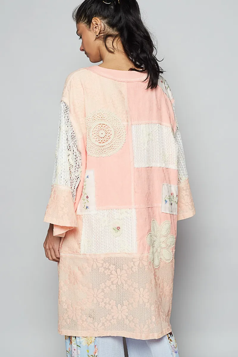 POL Double Gauze and Lace Mix Cardigan with Embroidered Detail
