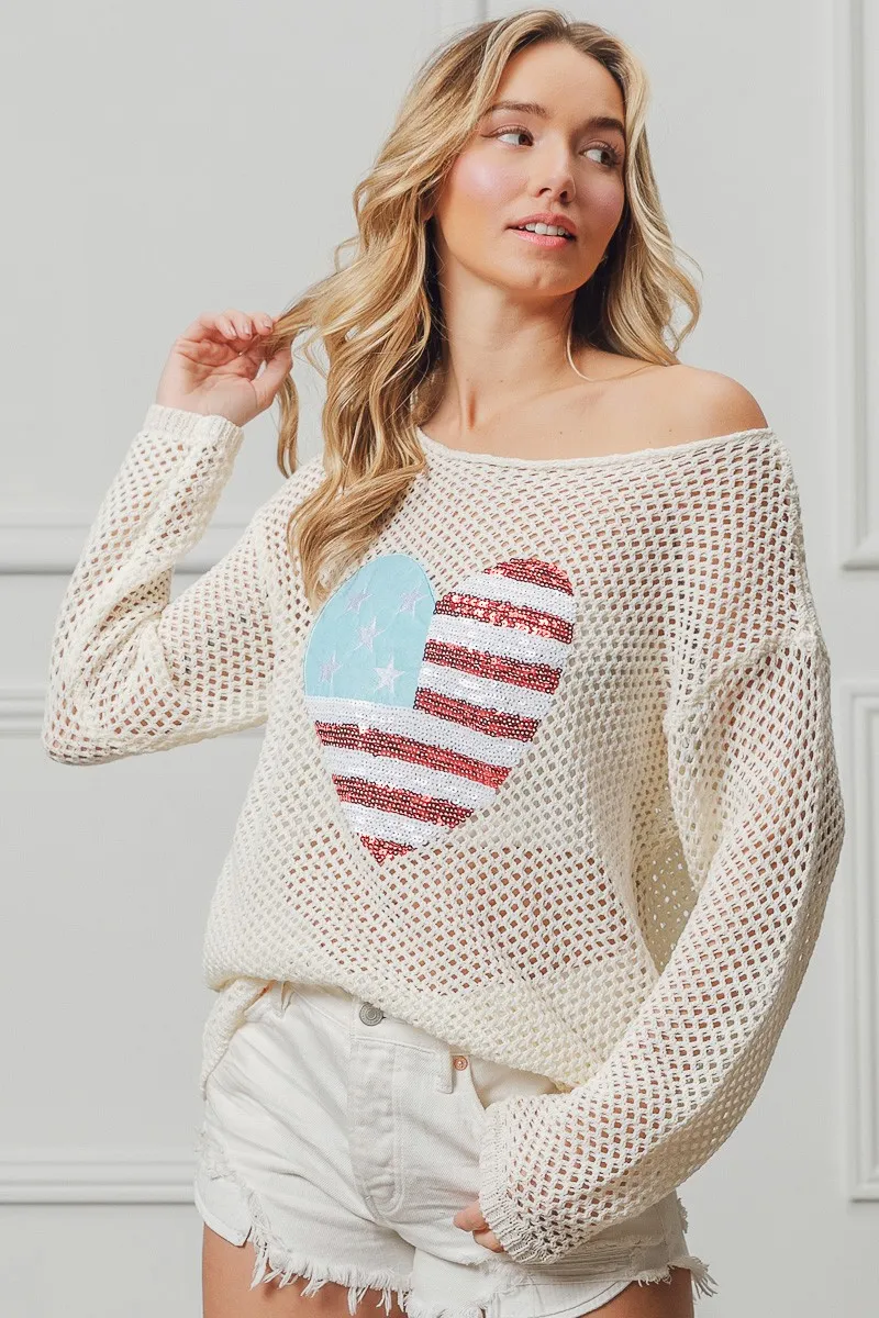 BiBi Sequin American Flag Heart Knit Up