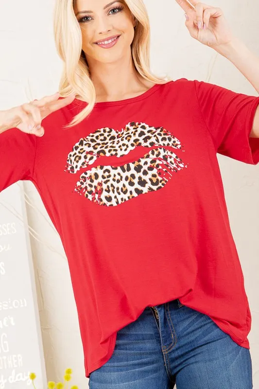 Heimish Full Size Leopard Lip Round Neck Short Sleeve T-Shirt Plus Size