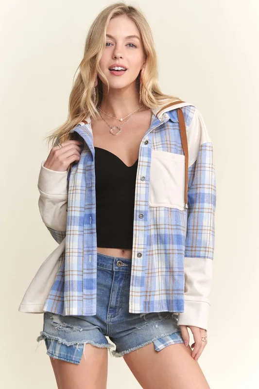 ADORA Button Down Plaid Hoodie Shacket