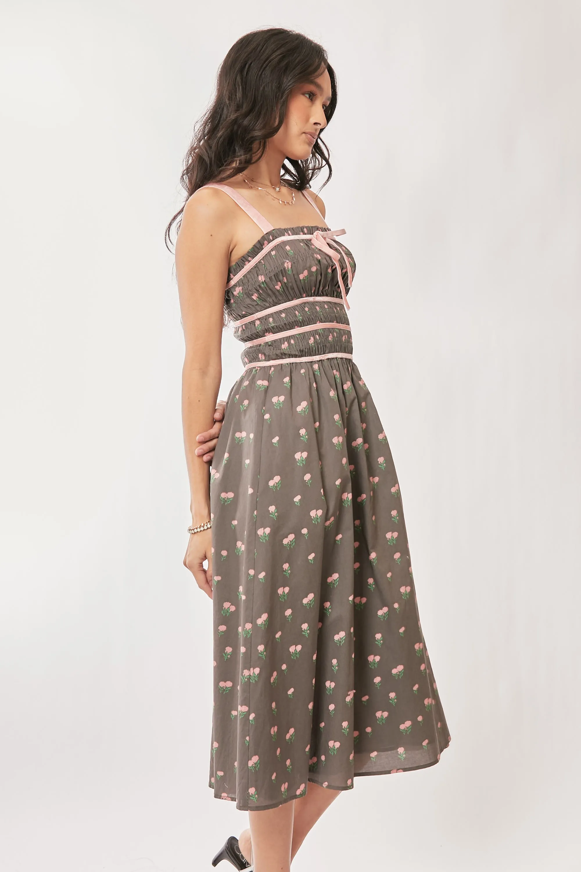 Davi & Dani Contrast Velvet Tape Smocking Bodice Midi Dress