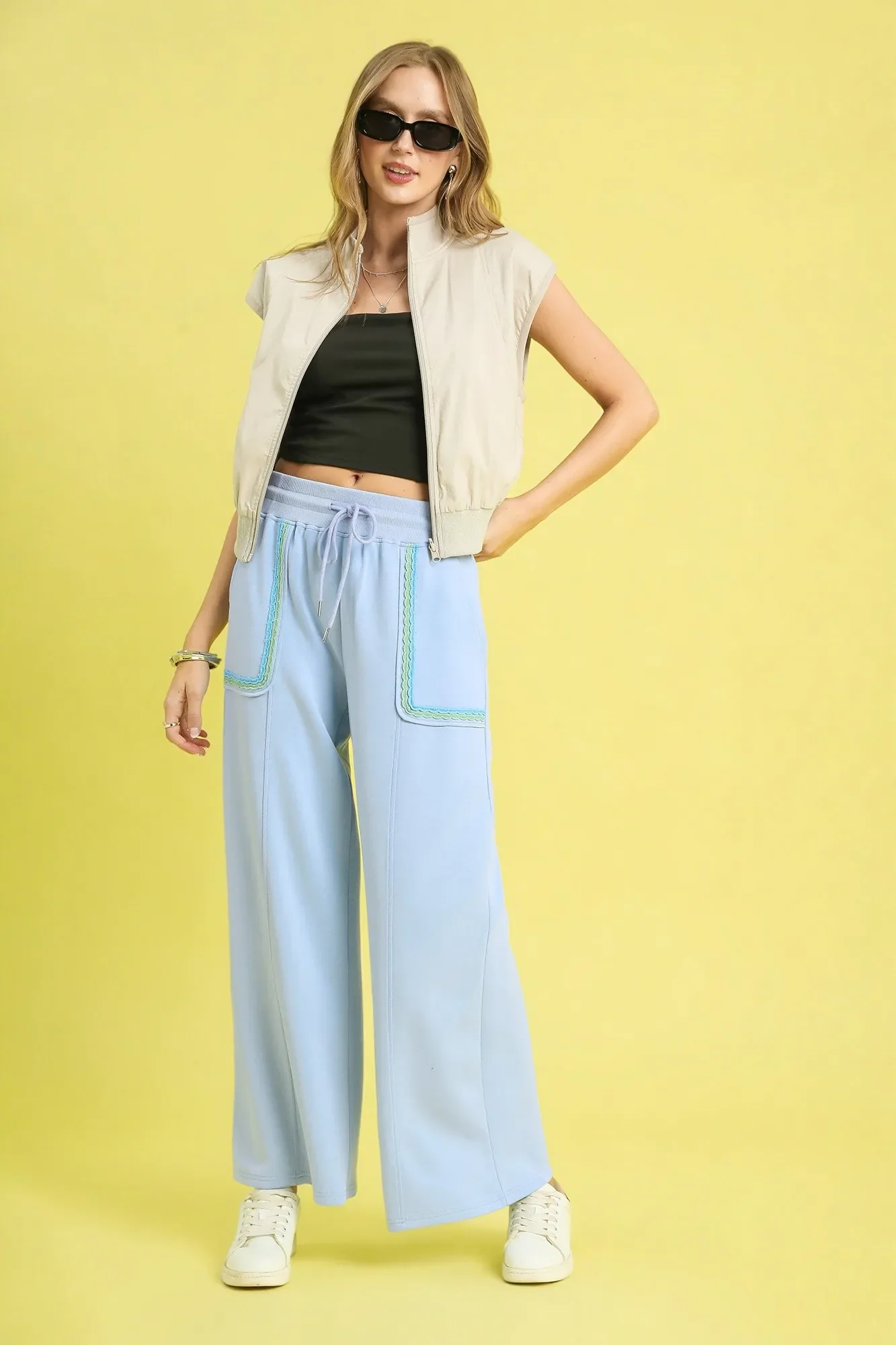 Umgee Drawstring Wide Leg Pants with Scallop Trim Detail