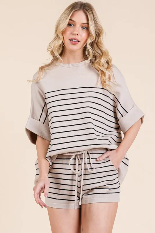 Lime 'N' Chili Striped Folded Half Sleeve Top and Shorts Set