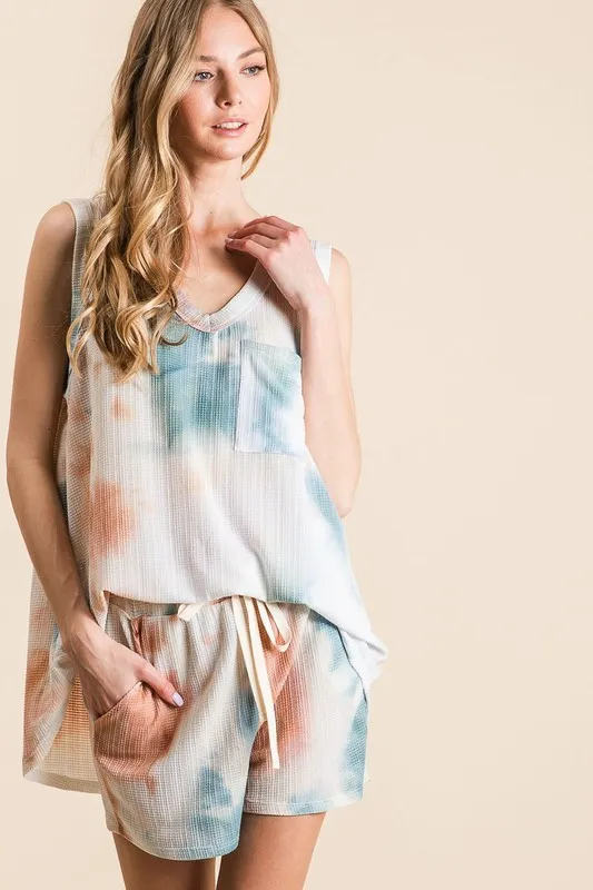 BiBi Tie Dye Textured Knit Top and Shorts Set
