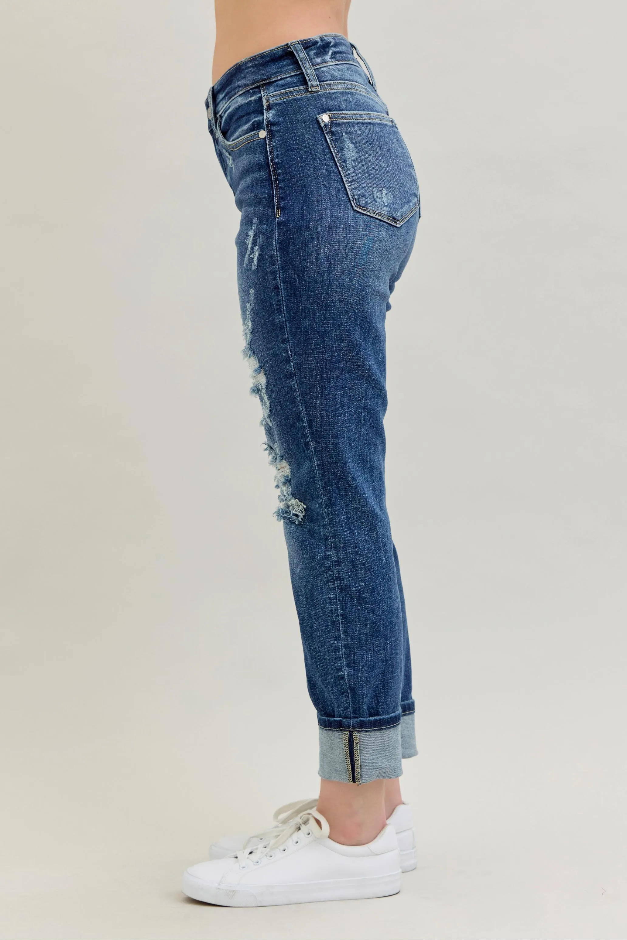 Judy Blue Full Size Mid Rise Cuffed Destroy Bf Jeans Plus Size