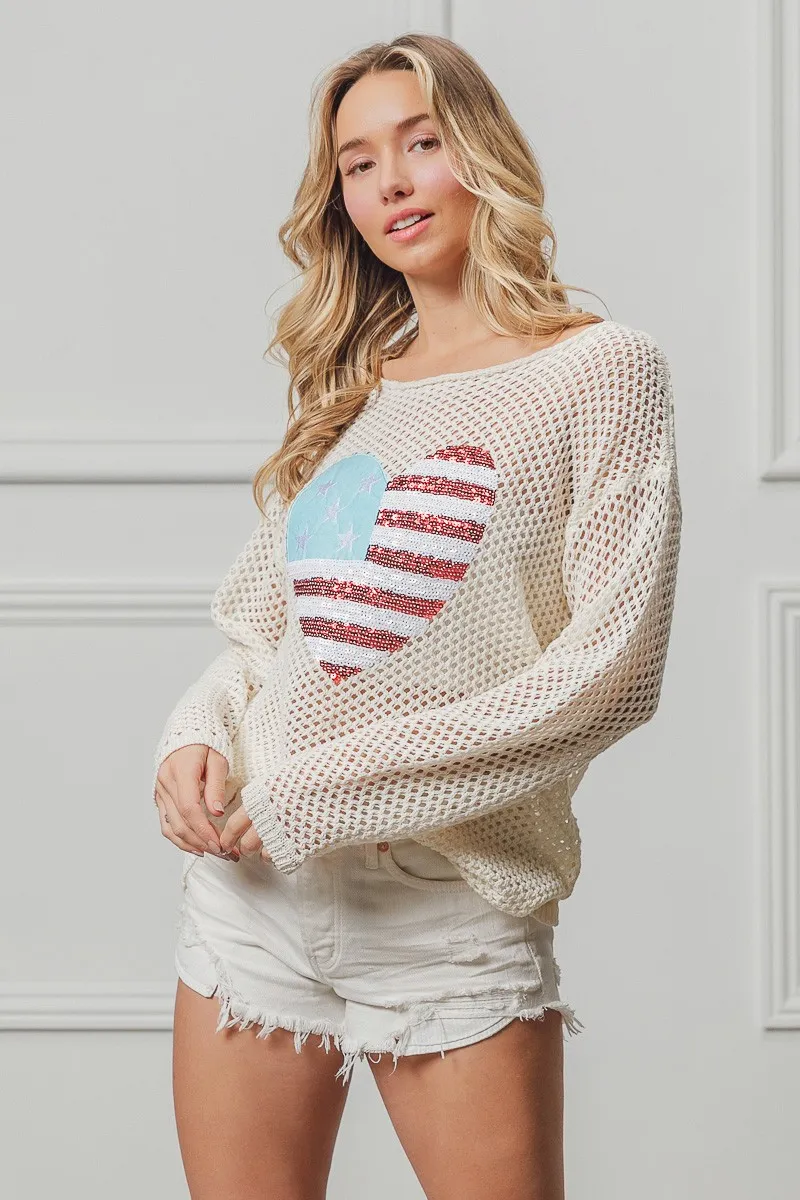 BiBi Sequin American Flag Heart Knit Up