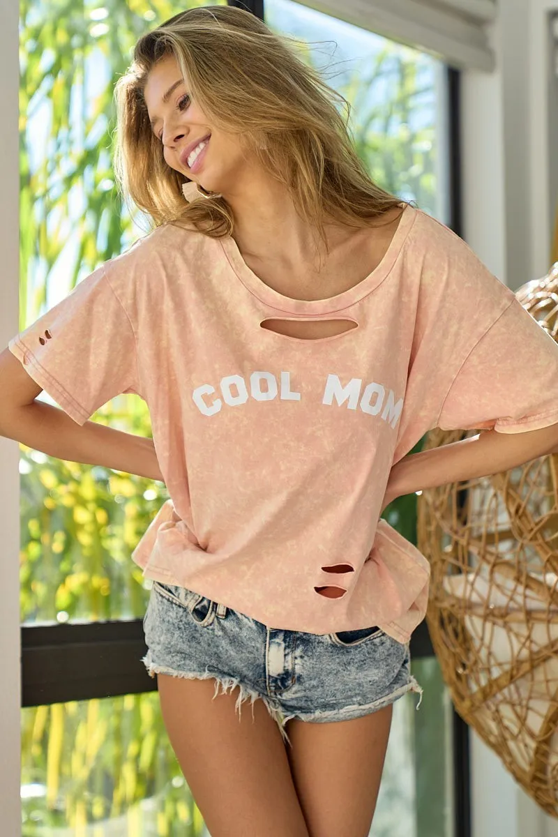 BiBi Washed Laser Cut Detail Cool Mom Print Top