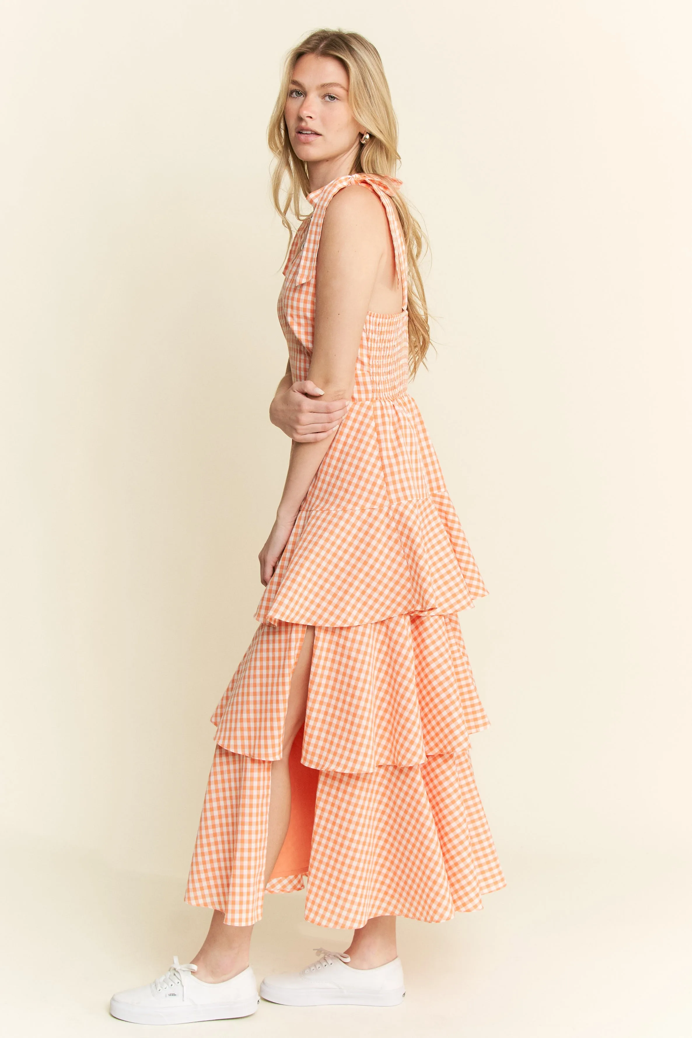 Jade By Jane Sleeveless Gingham Print Tiered Midi Dress