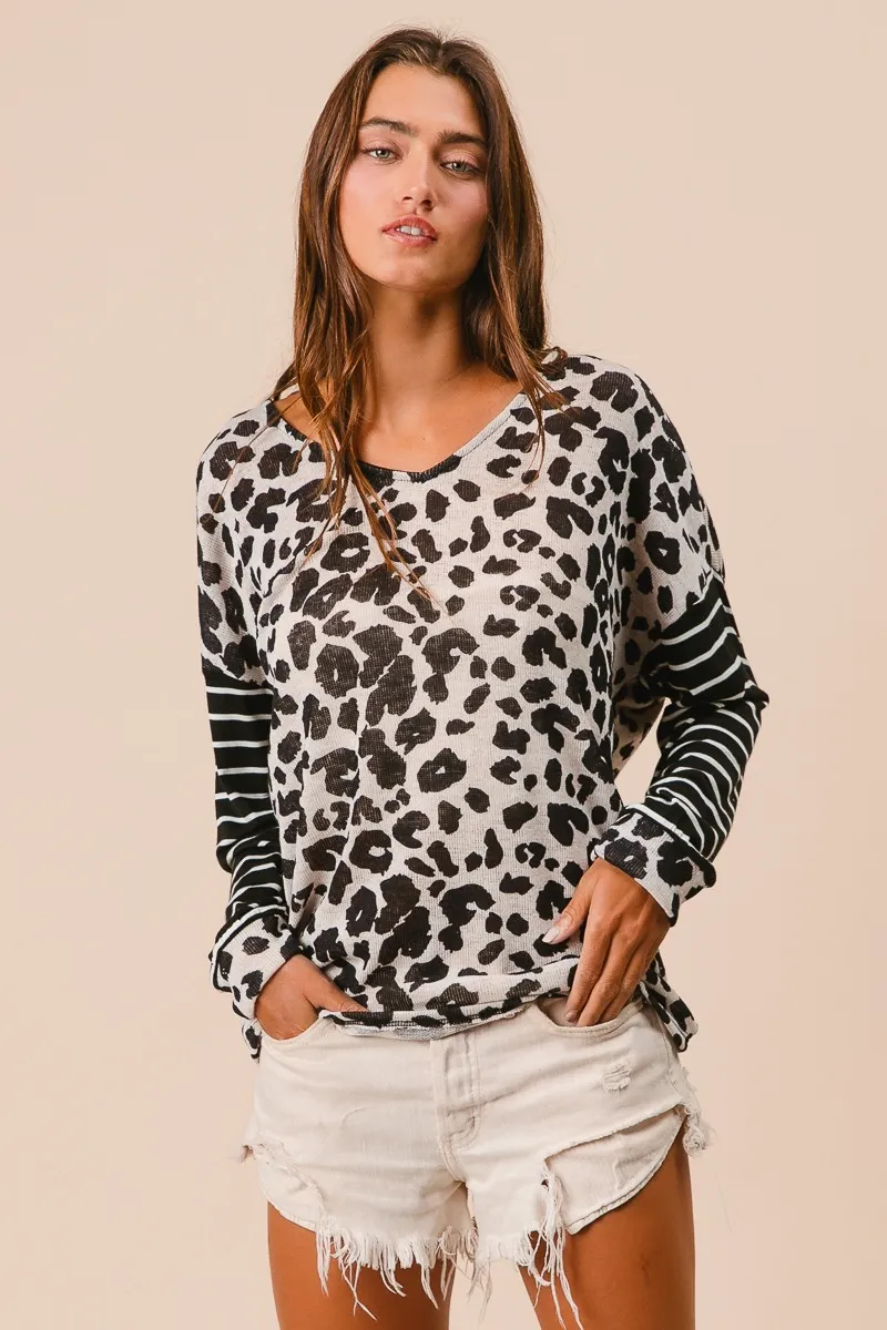 BiBi Leopard Hacci Knit Twist Back Top With Stripe Sleeve