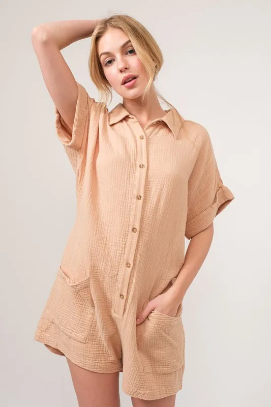 And The Why Washed Gauze Roll-up Sleeve Comfort Utility Romper