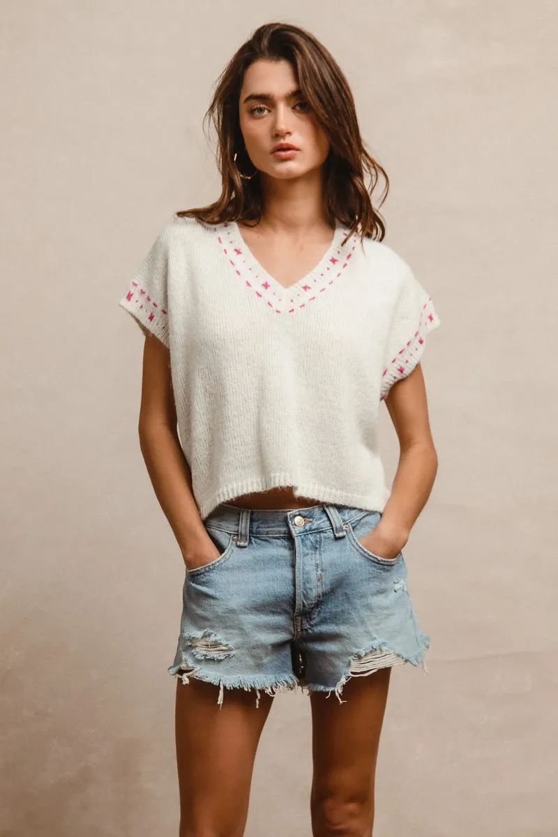 BiBi Knit Solid Contrast Stitch Detail Short Sleeves Sweater