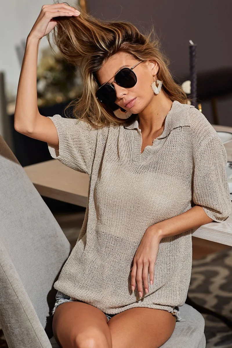 BiBi Short Sleeve Collared Knit Top