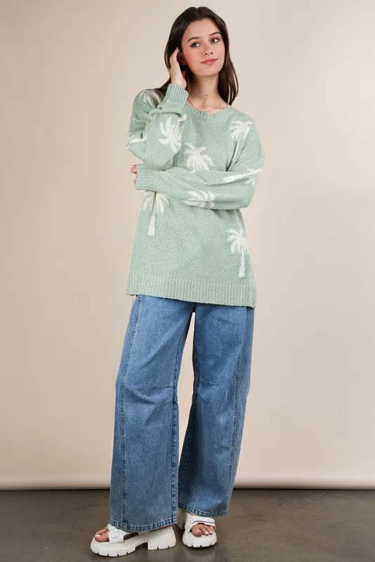 VERY J Palm Tree Graphic Oversized Knit Sweater