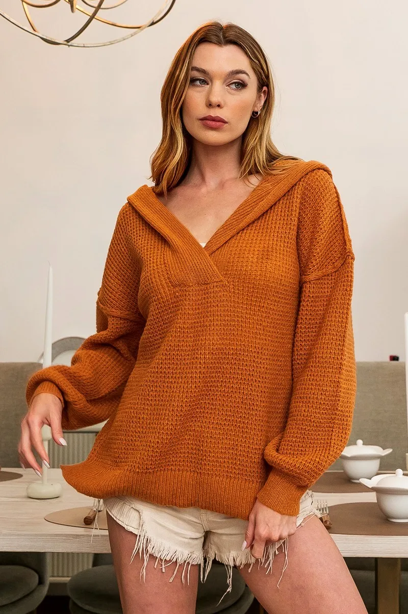 BiBi Raw Edge Detail V-Neck Sweater Hoodie