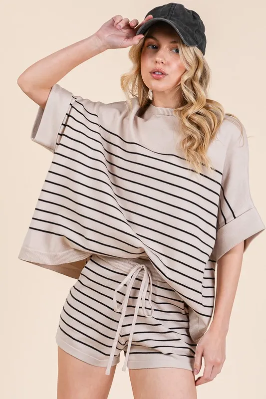 Lime 'N' Chili Striped Folded Half Sleeve Top and Shorts Set