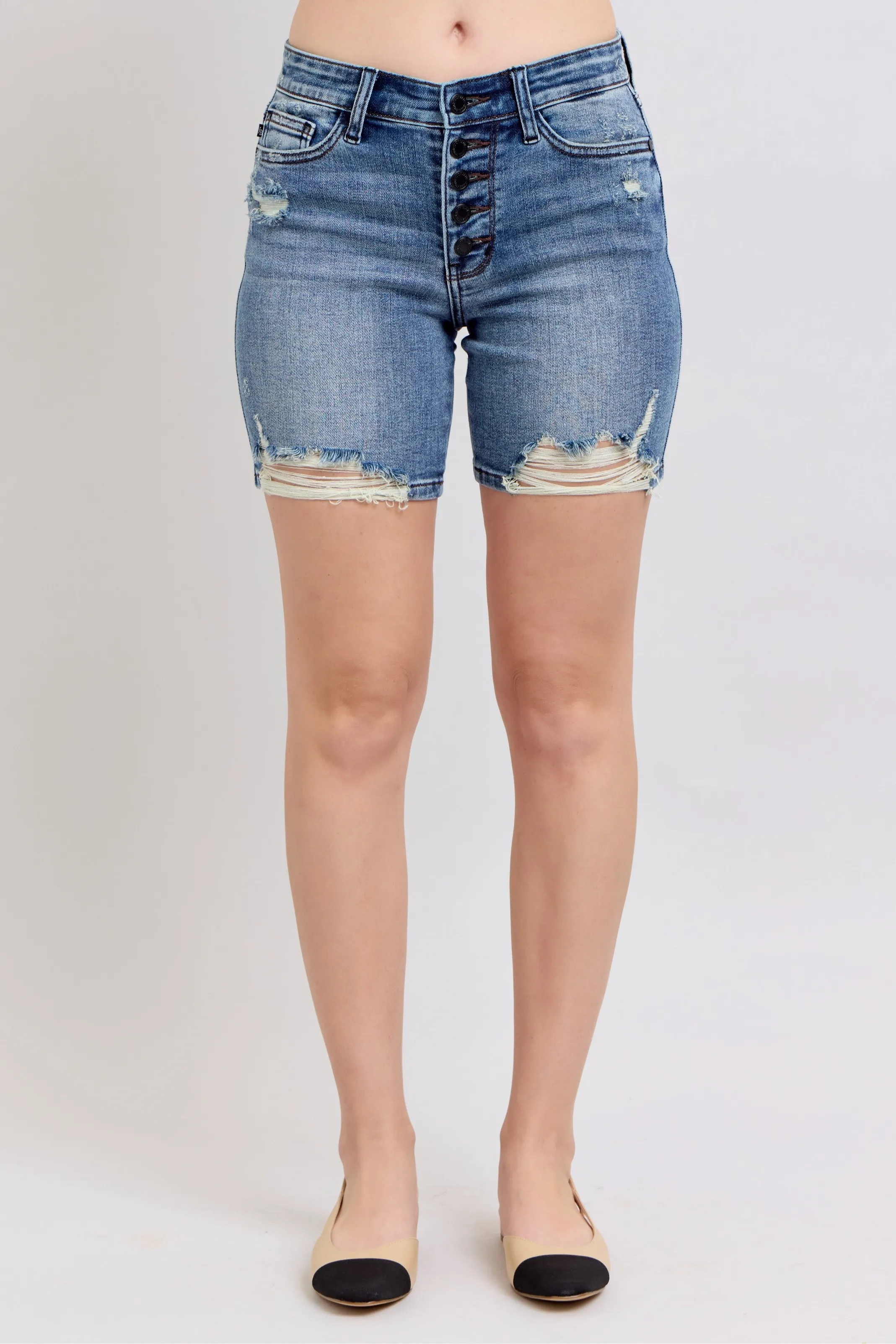 Judy Blue Button Fly Mid Length Denim Shorts W/ Destroy