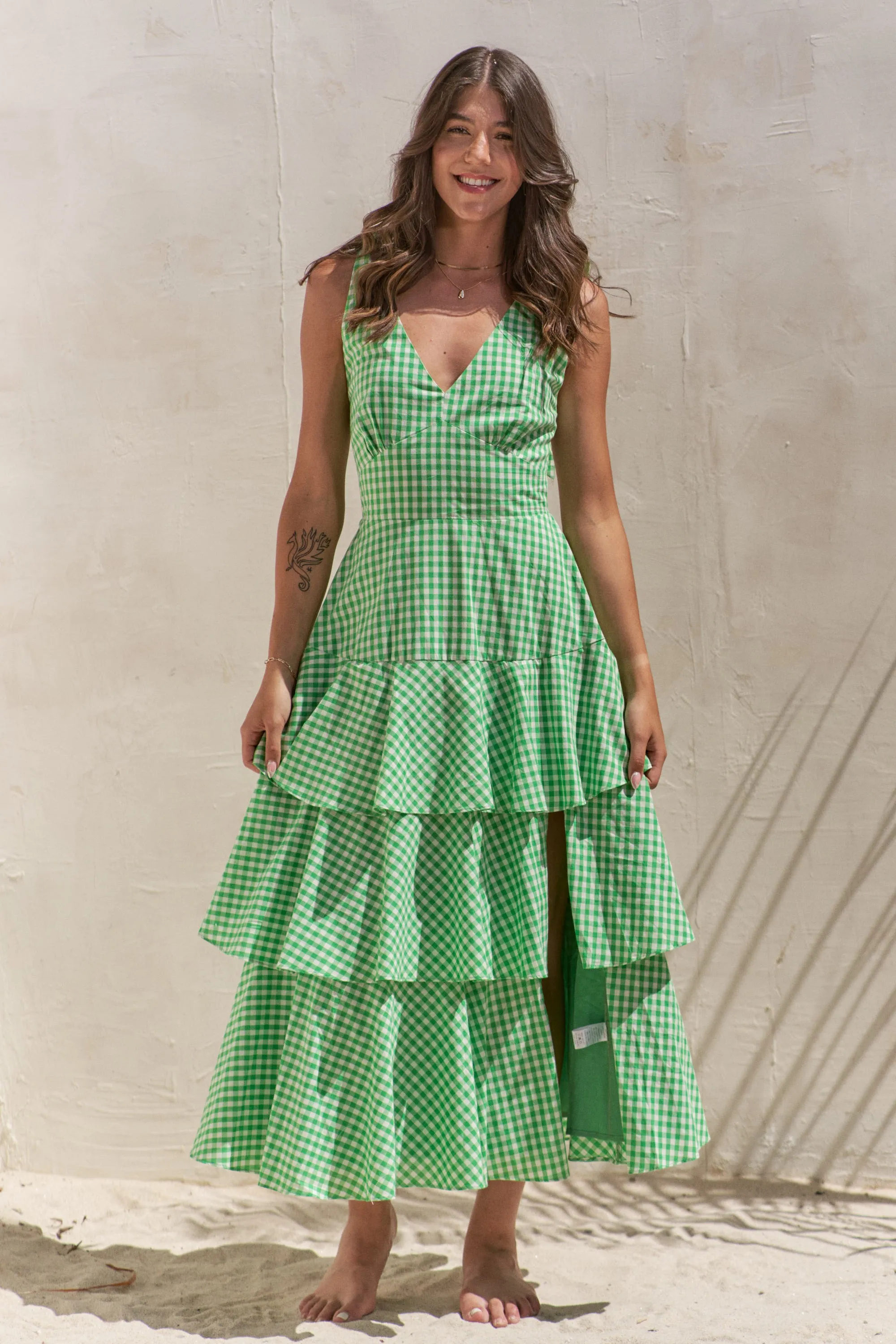 Jade By Jane Full Size Sleeveless Gingham Print Tiered Midi Dress Plus Size