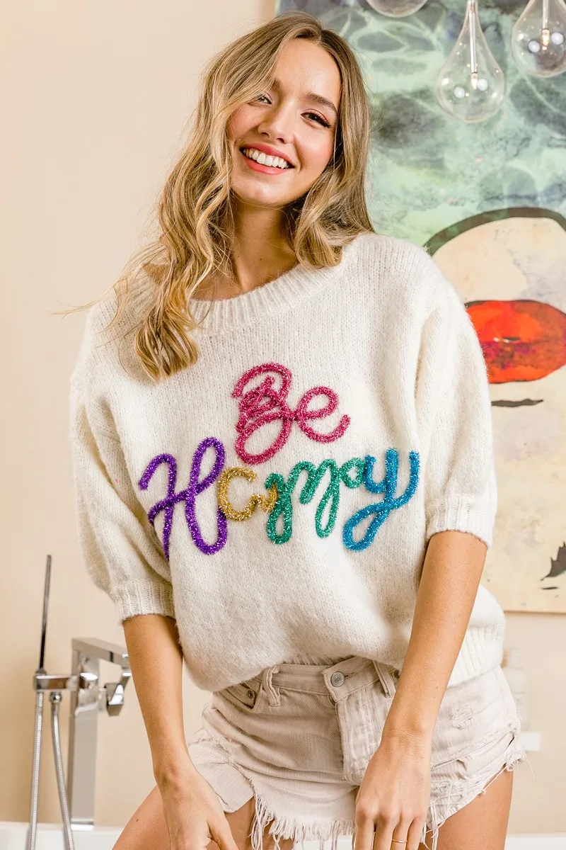 BiBi Metallic Letter Short Puff Sleeve Hairy Sweater