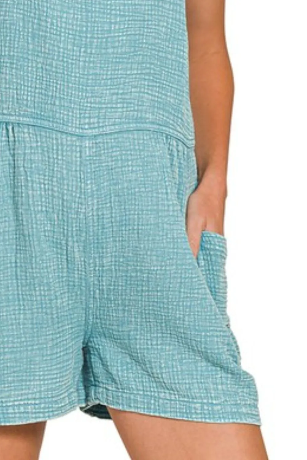 Zenana Washed Double Gauze Tie Back Rompers