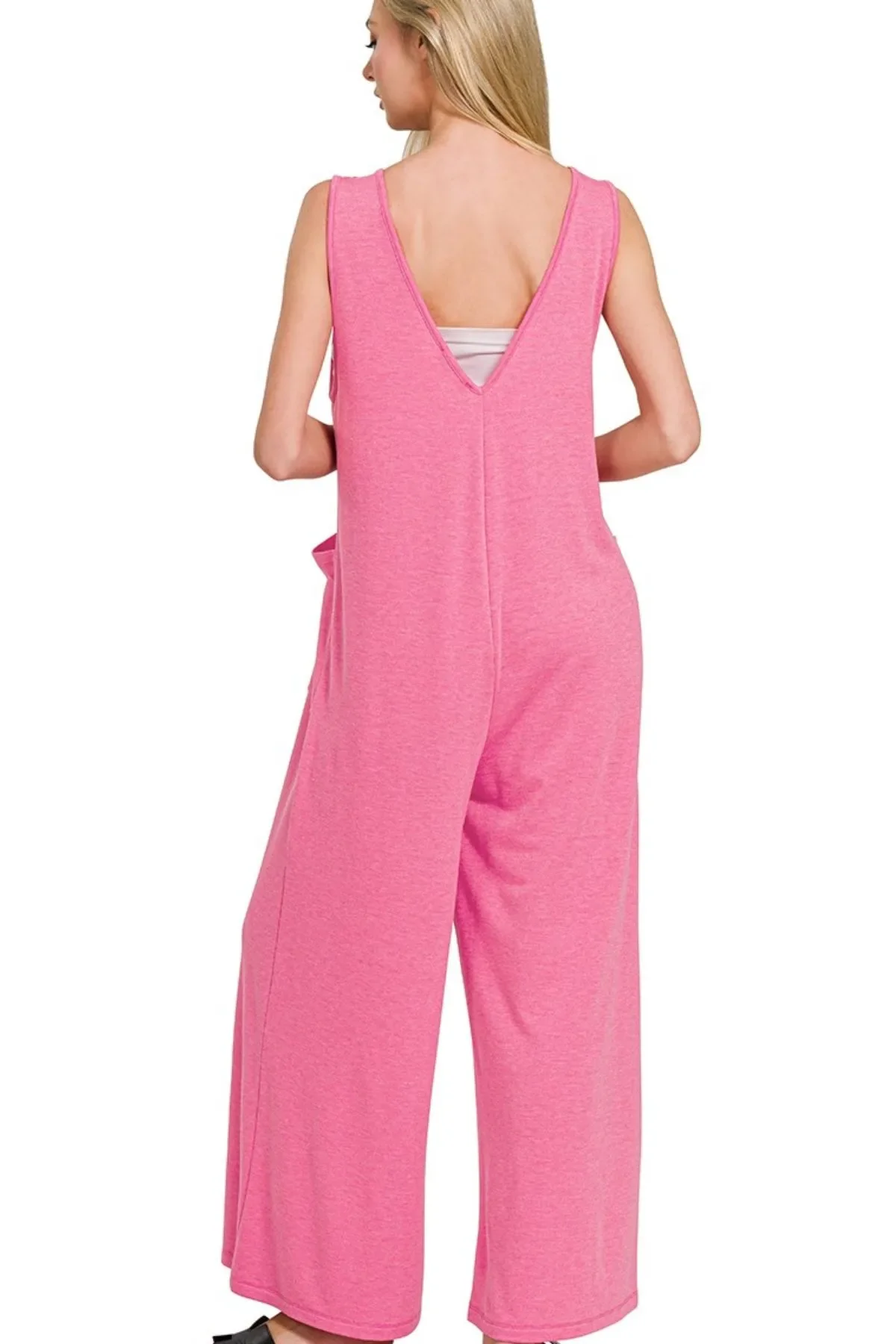 Zenana French Terry Deep V Neck Jumpsuits