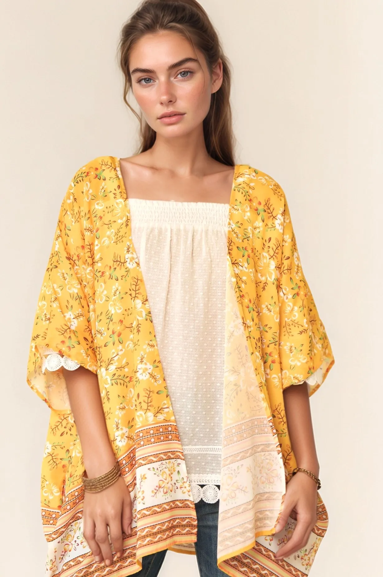 Davi & Dani Floral Printed Short Sleeve Loose Fit Kimono Cover Up