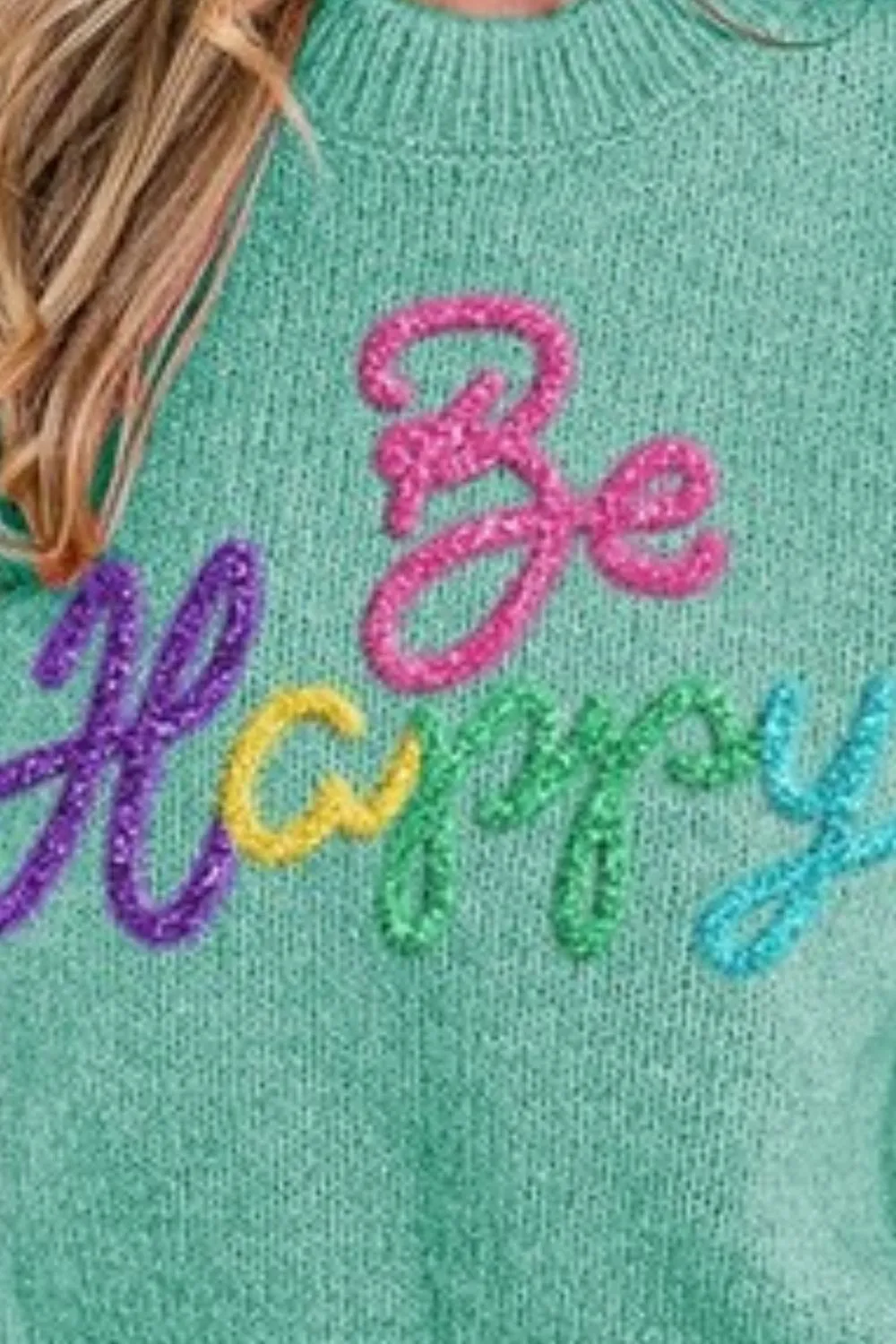 BiBi Metallic Letter Short Puff Sleeve Hairy Sweater