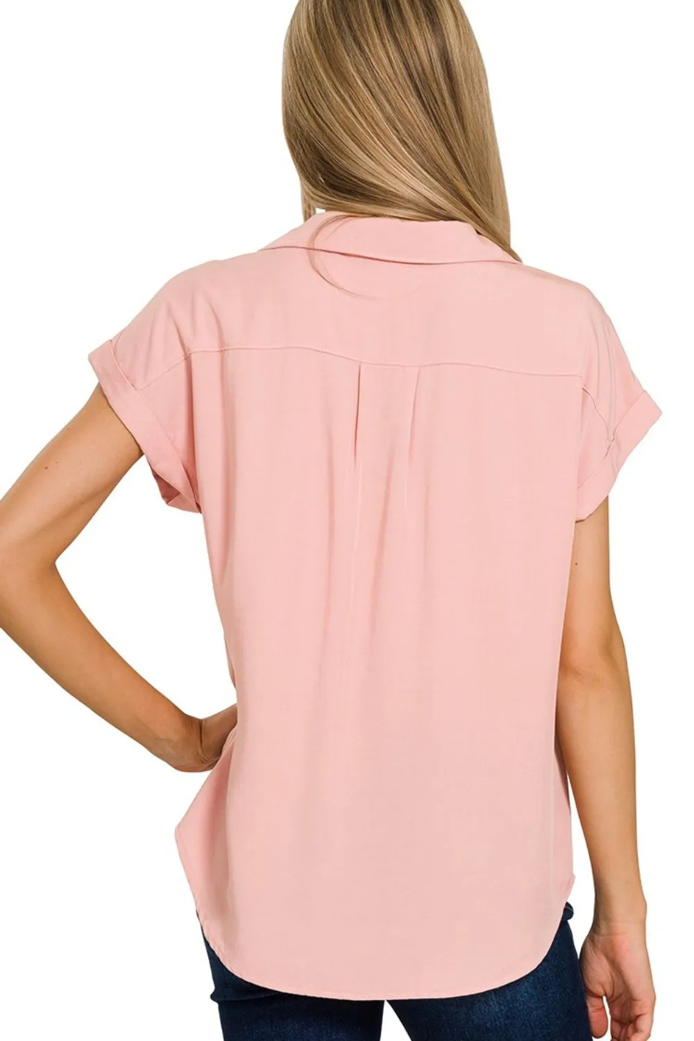 Zenana Tencel V-neck Collared Top W Front Flap Pockets