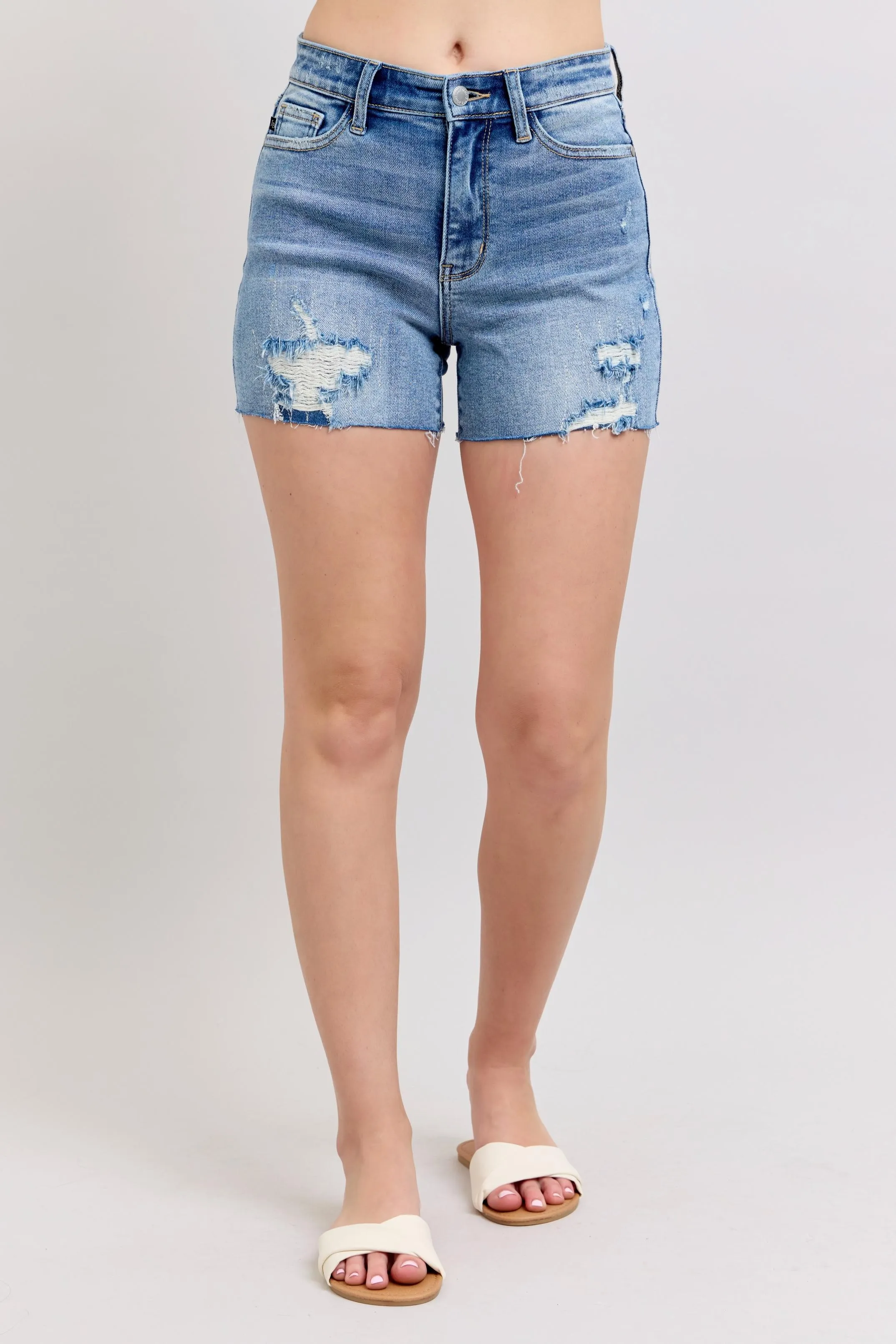 Judy Blue Full Size High Waist Denim Shorts W/stitch Over Destroy Detail Plus Size
