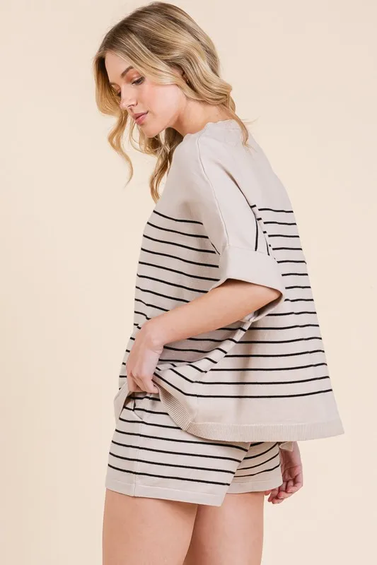 Lime 'N' Chili Striped Folded Half Sleeve Top and Shorts Set