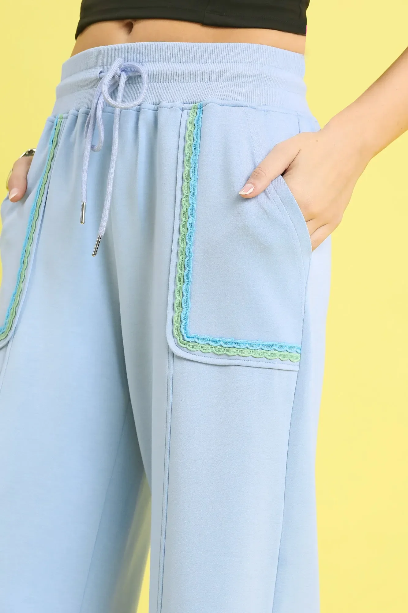 Umgee Drawstring Wide Leg Pants with Scallop Trim Detail