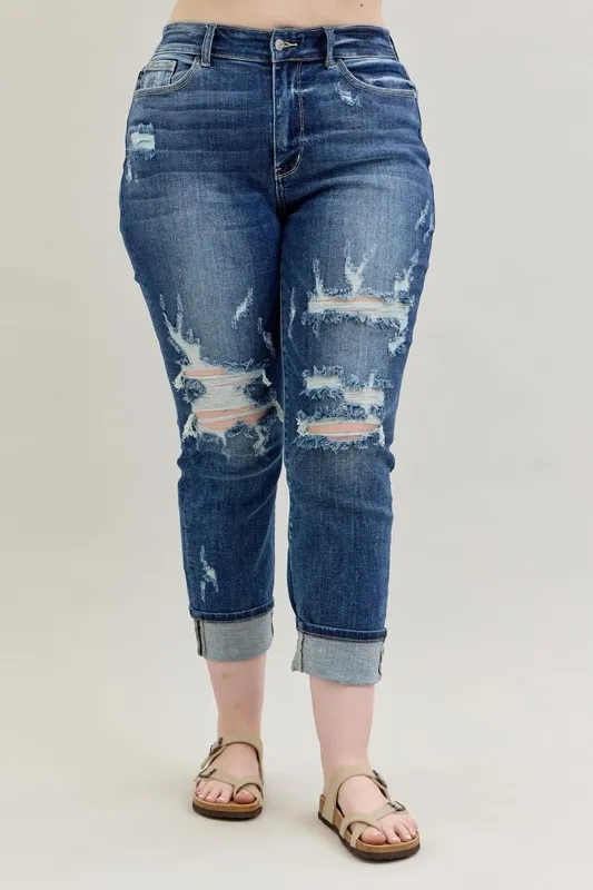 Judy Blue Full Size Mid Rise Cuffed Destroy Bf Jeans Plus Size