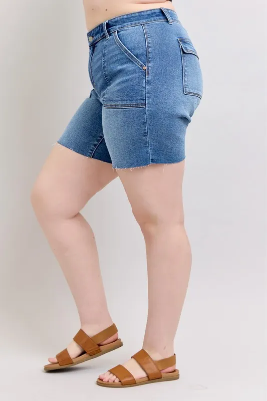 Judy Blue Full Size Mid Rise Bermudas Denim Shorts W/ Back Flap Pockets Plus Size