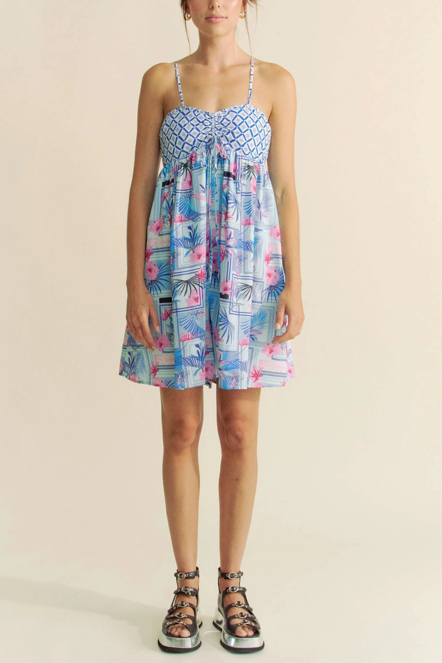 Davi & Dani Tropical Floral Geo Print Tie Back Tube Top Romper